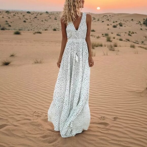 Women Sleeveless Polka Dots Boho Maxi Dress Cocktail Party Summer Beach Sundress - Picture 1 of 3